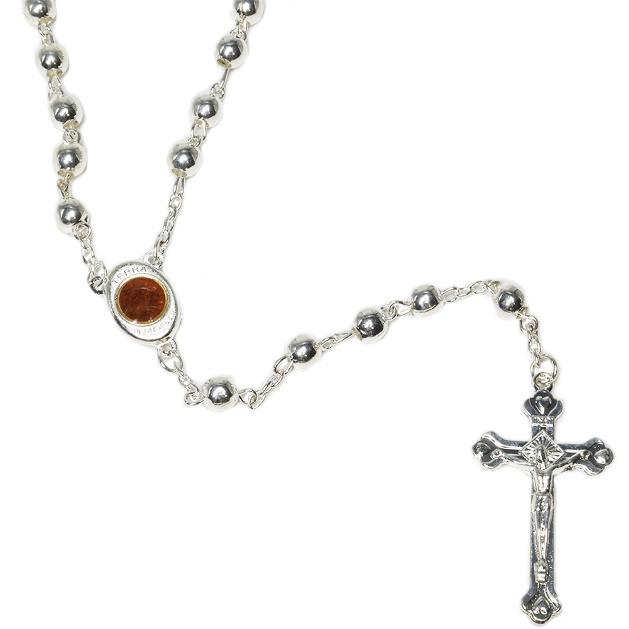 Round Chrome Rosary Beads with 'Jesus and Mary' Icon & Holy Soil (detail)