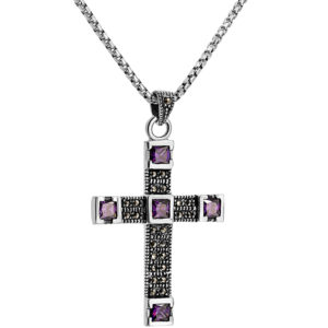 Sterling Silver Cross with Marcasite and Amethyst from Jerusalem (with chain)