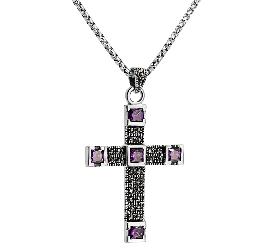 Sterling Silver Cross with Marcasite and Amethyst from Jerusalem (with chain)