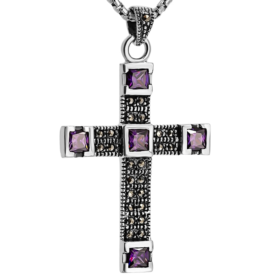 Sterling Silver Cross with Marcasite and Amethyst from Jerusalem