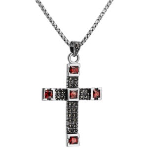 Sterling Silver 'Five Wounds of Christ' Cross Pendant - Marcasite and Red (with chain)
