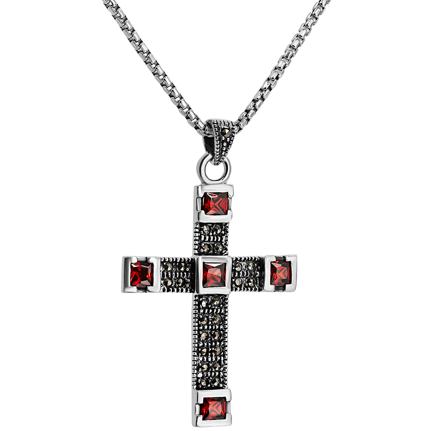 Sterling Silver ‘Five Wounds of Christ’ Cross Pendant – Marcasite and Red (with chain)