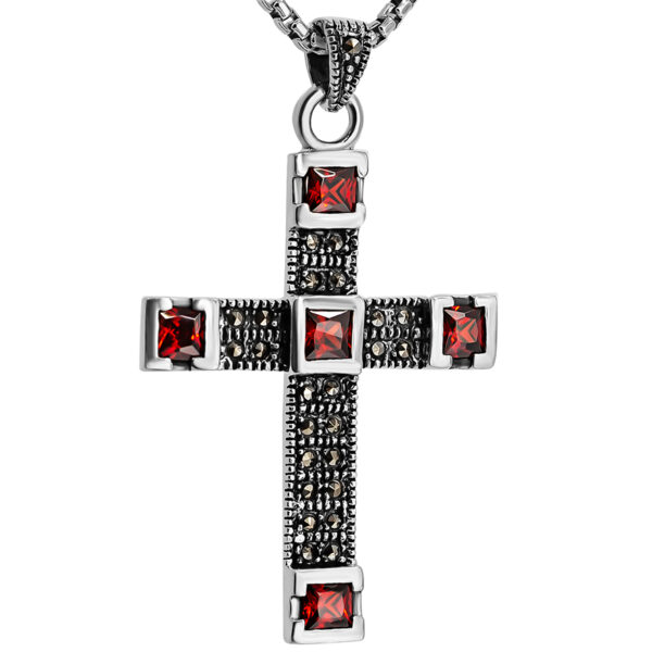 Sterling Silver 'Five Wounds of Christ' Cross Pendant - Marcasite and Red