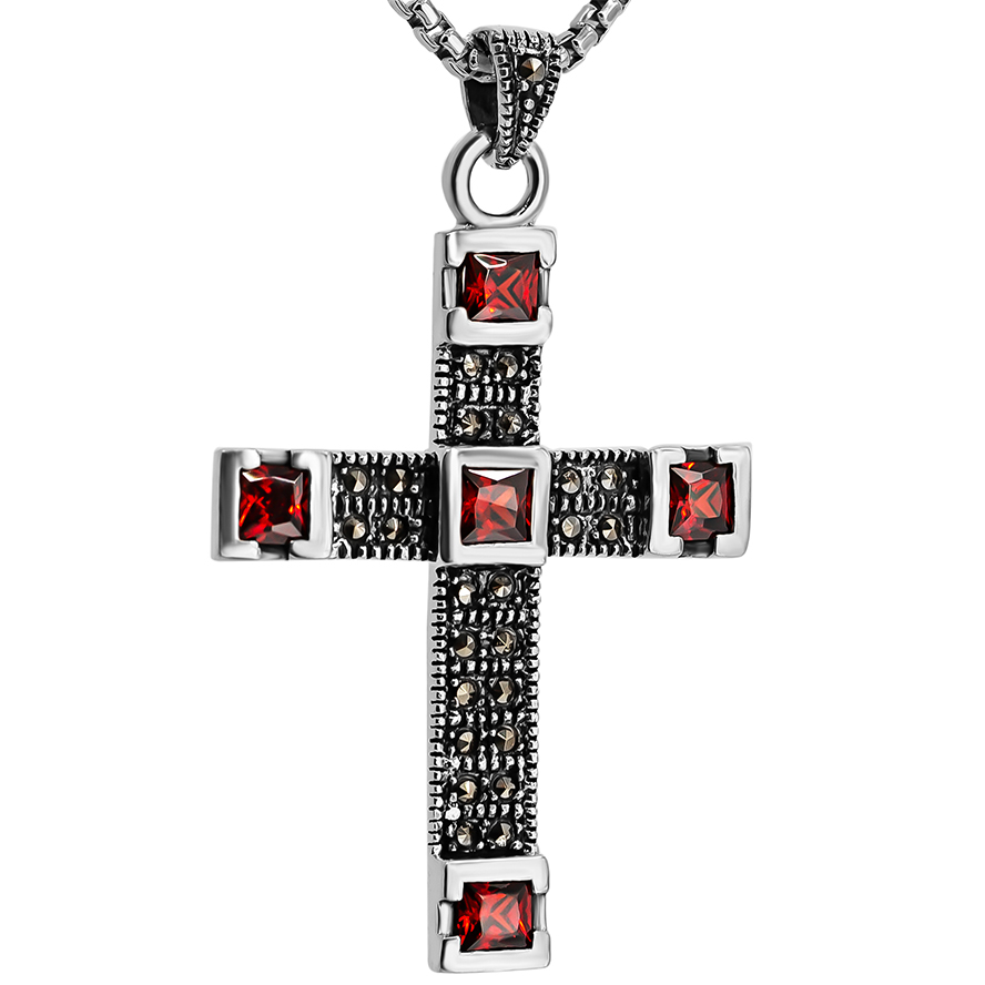 Sterling Silver ‘Five Wounds of Christ’ Cross Pendant – Marcasite and Red