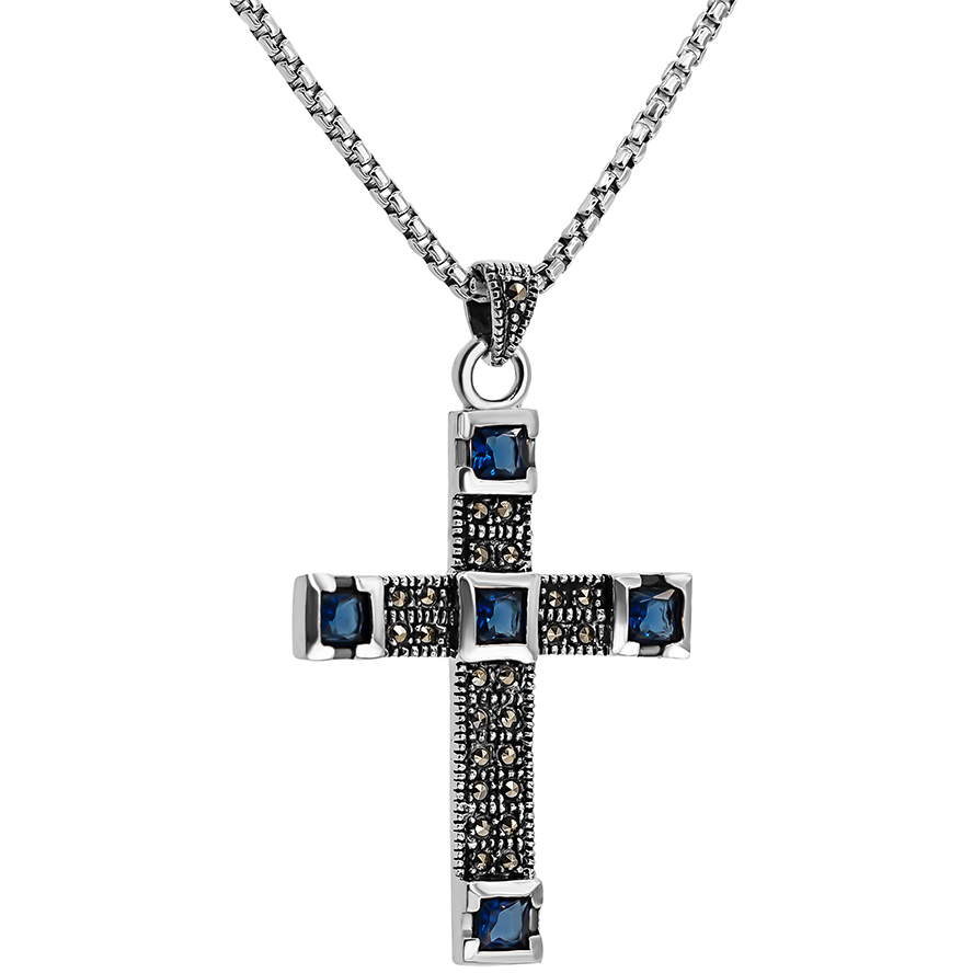 Sterling Silver 'Five Wounds of Christ' Cross Pendant - Marcasite and Blue (with chain)