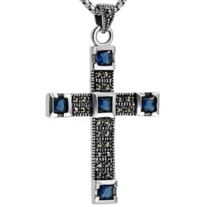 Sterling Silver 'Five Wounds of Christ' Cross Pendant - Marcasite and Blue