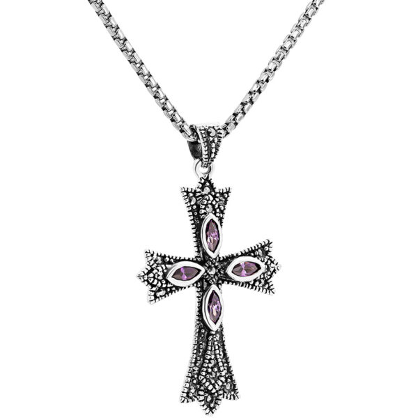 Christian Cross Necklace - Marcasite and Amethyst - Sterling Silver (with chain)
