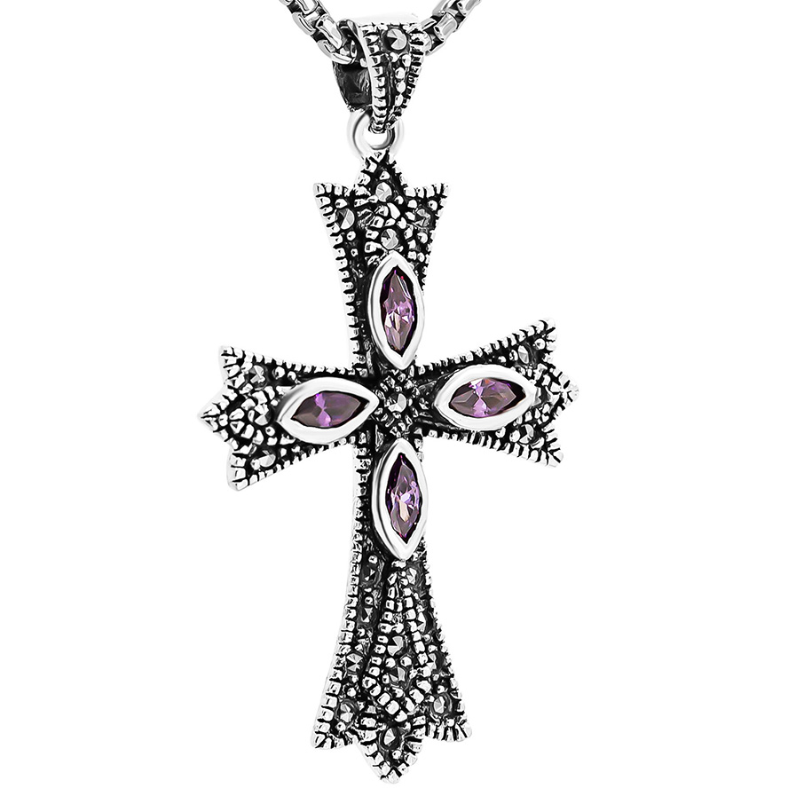 Christian Cross Necklace - Marcasite and Amethyst - Sterling Silver