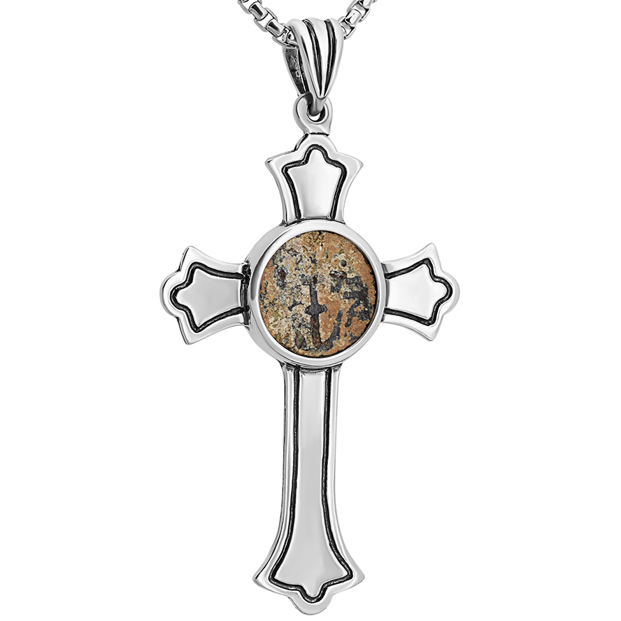 Cross with an Authentic Biblical 'Widow's Mite' Coin Silver Pendant