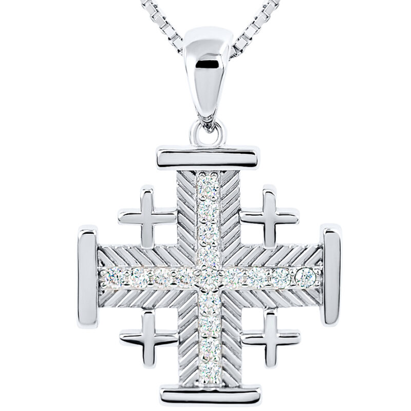 Jerusalem Cross' Fish-bone Design 17 CZ Stones in Sterling Silver