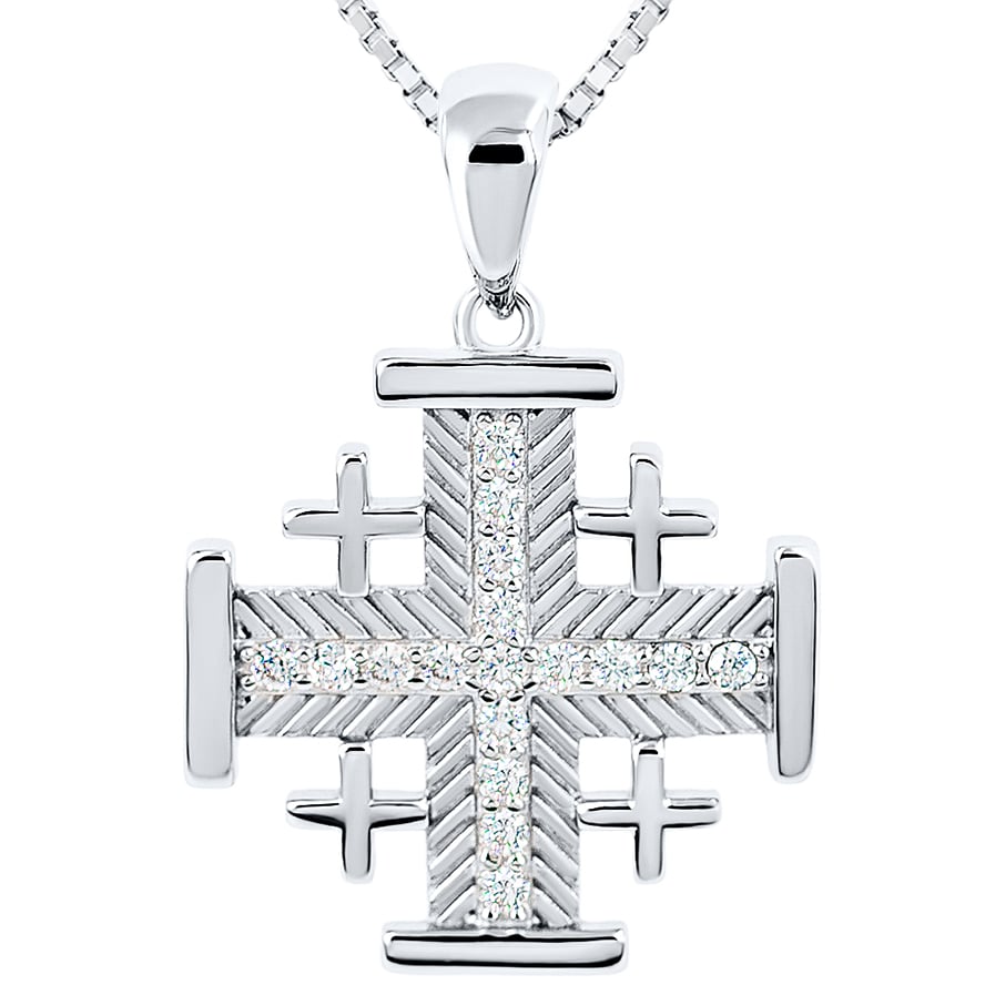 Jerusalem Cross’ Fish-bone Design 17 CZ Stones in Sterling Silver