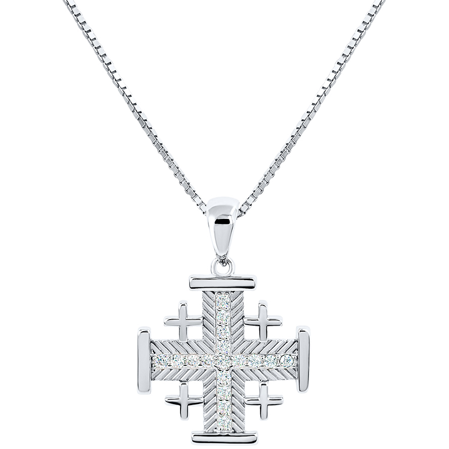 ‘Jerusalem Cross’ Fish-bone Design 17 CZ Stones in Sterling Silver (with chain)