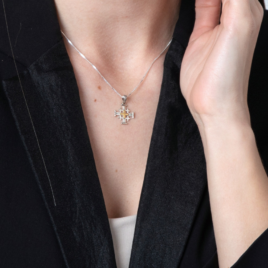 Golden ‘Jerusalem Cross’ Sterling Silver Necklace – Engraved – worn by model