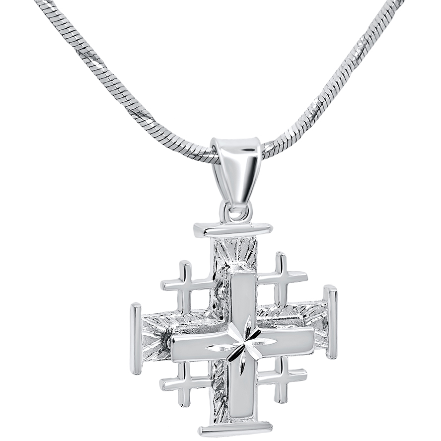 ‘Jerusalem Cross’ with ‘Bright Morning Star’ 3D Sterling Silver Pendant – 1.8 cm (with chain)