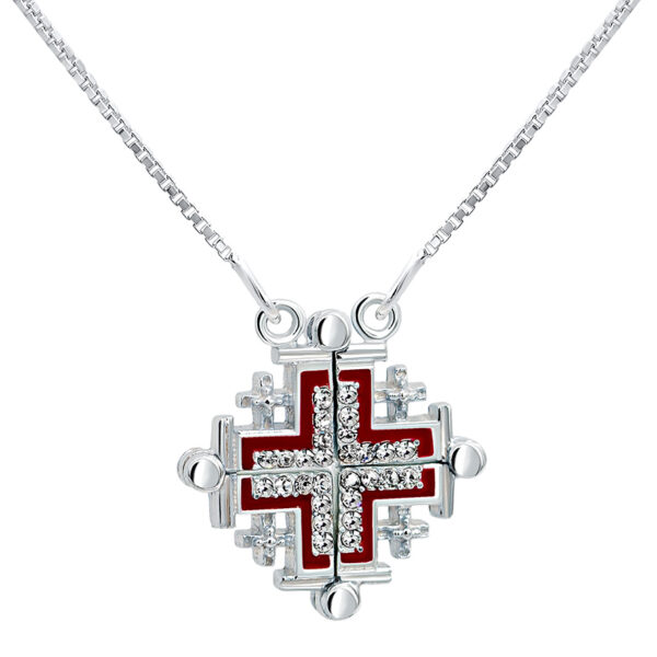 Opening 'Jerusalem Cross' with Zircon in 925 Silver Necklace - Red (with chain)