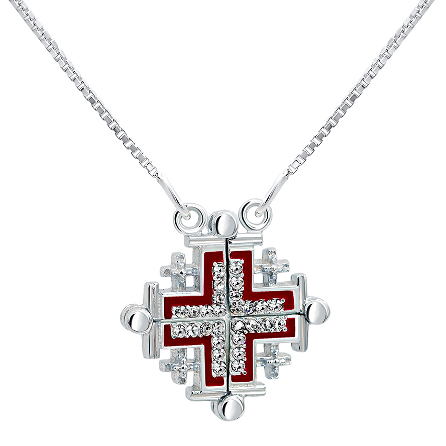 Opening ‘Jerusalem Cross’ with Zircon in 925 Silver Necklace – Red (with chain)