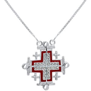 'Jerusalem Cross' Opening with Zircon in 925 Silver Necklace - Red (with chain)