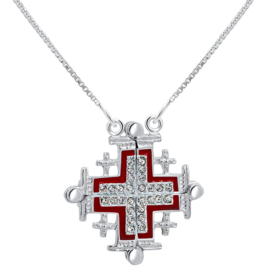 ‘Jerusalem Cross’ Opening with Zircon in 925 Silver Necklace – Red (with chain)