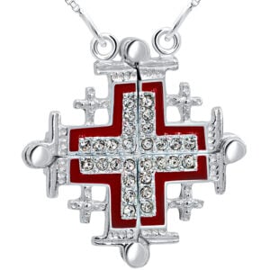 Jerusalem Cross' Opening with Zircon in 925 Silver Necklace - Red