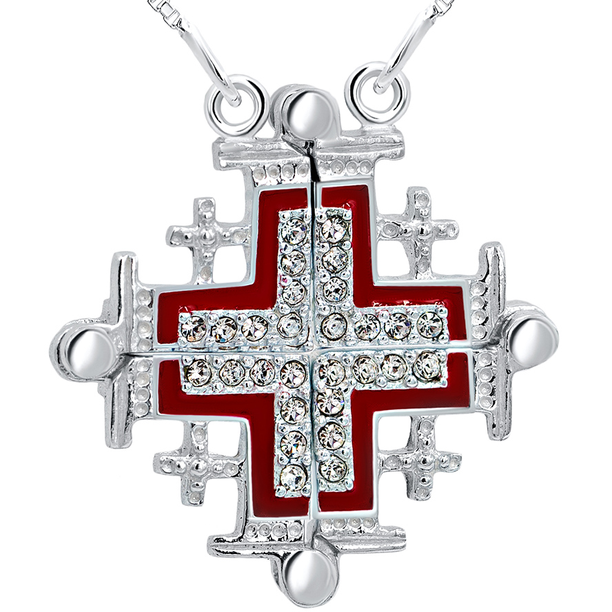 Jerusalem Cross’ Opening with Zircon in 925 Silver Necklace – Red