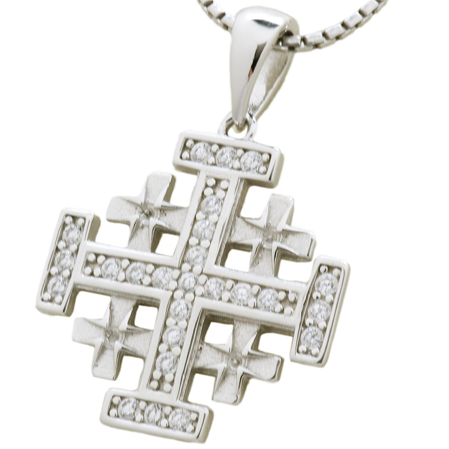 Jerusalem Cross’ with 24 Zircon Stones Sterling Silver Pendant
