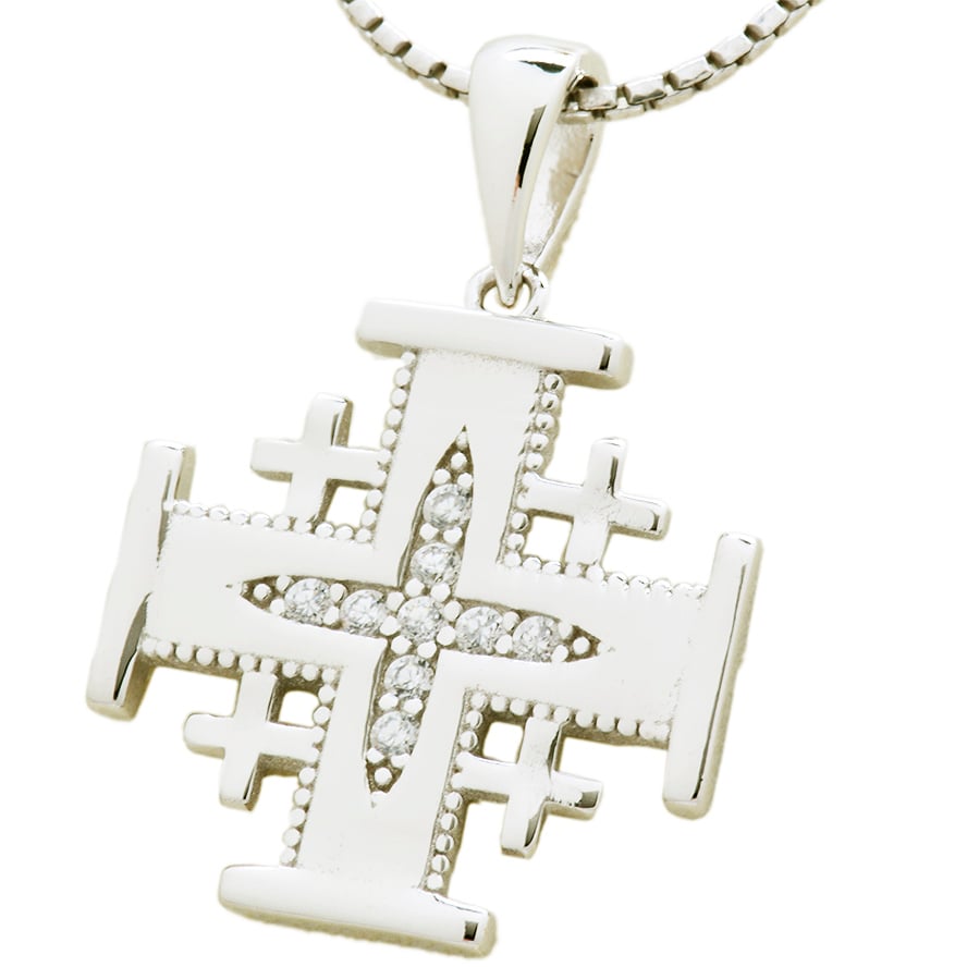 Jerusalem Cross’ with 9 Zircon Stones Sterling Silver Pendant