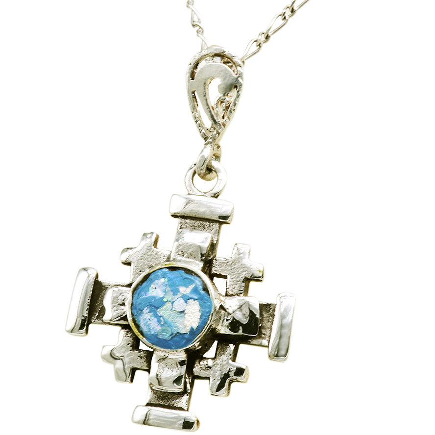 Roman Glass 'Jerusalem Cross' 3D Pendant made in the Holy Land