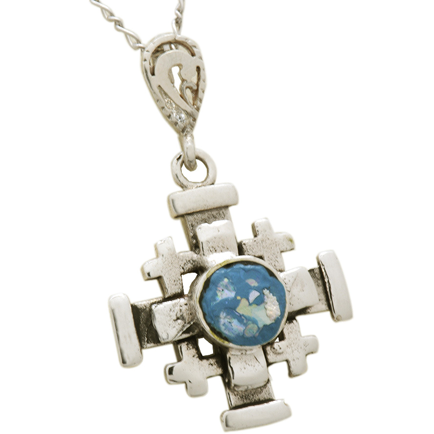 Roman Glass ‘Jerusalem Cross’ 3D Pendant made in the Holy Land (side view)