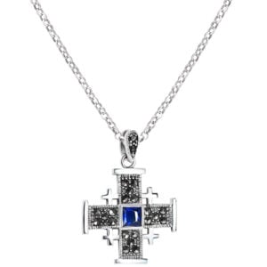 'Jerusalem Cross' Sterling Silver Necklace - Marcasite - Sky Blue (with chain)