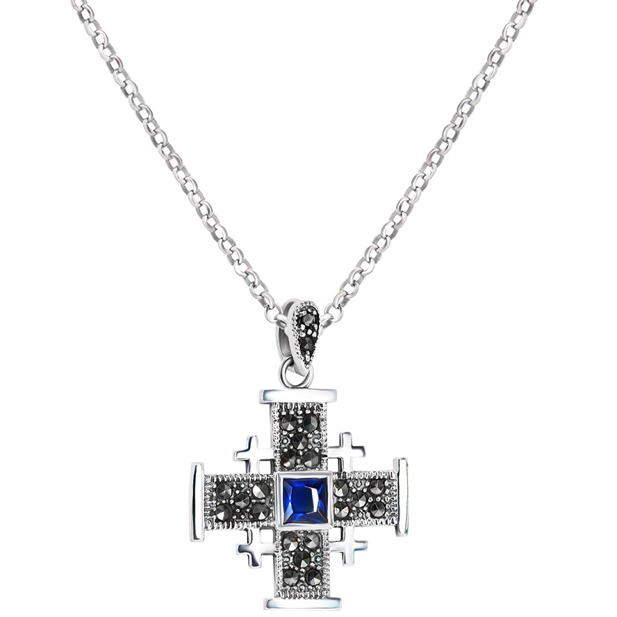 ‘Jerusalem Cross’ Sterling Silver Necklace – Marcasite – Sky Blue (with chain)