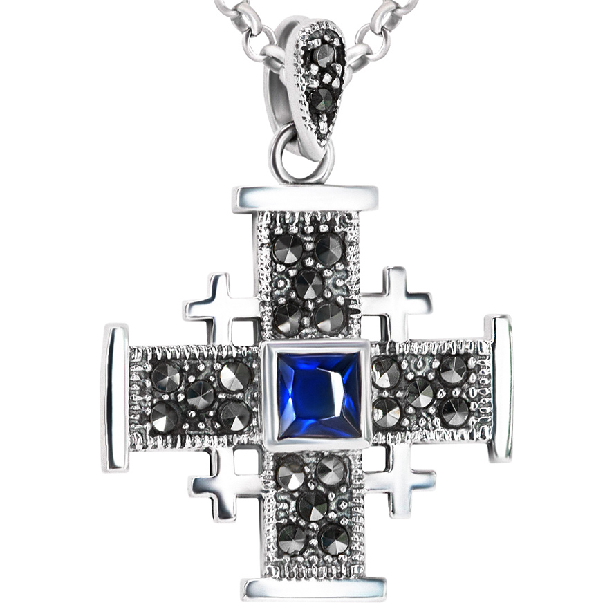 ‘Jerusalem Cross’ Sterling Silver Necklace – Marcasite – Sky Blue