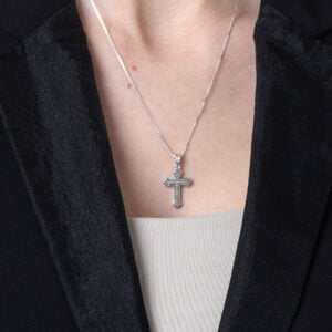 Sterling Silver Orthodox Cross Pendant with Leaf Bail - Made in Israel (worn by model)