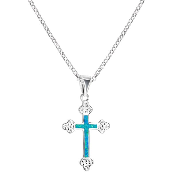 Orthodox Cross Sterling Silver Pendant with Opal - Jerusalem (with chain)