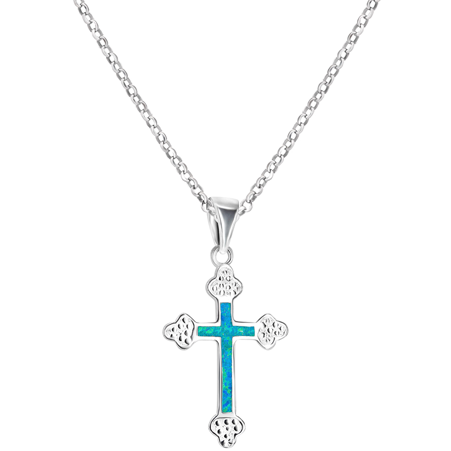 Orthodox Cross Sterling Silver Pendant with Opal – Jerusalem (with chain)