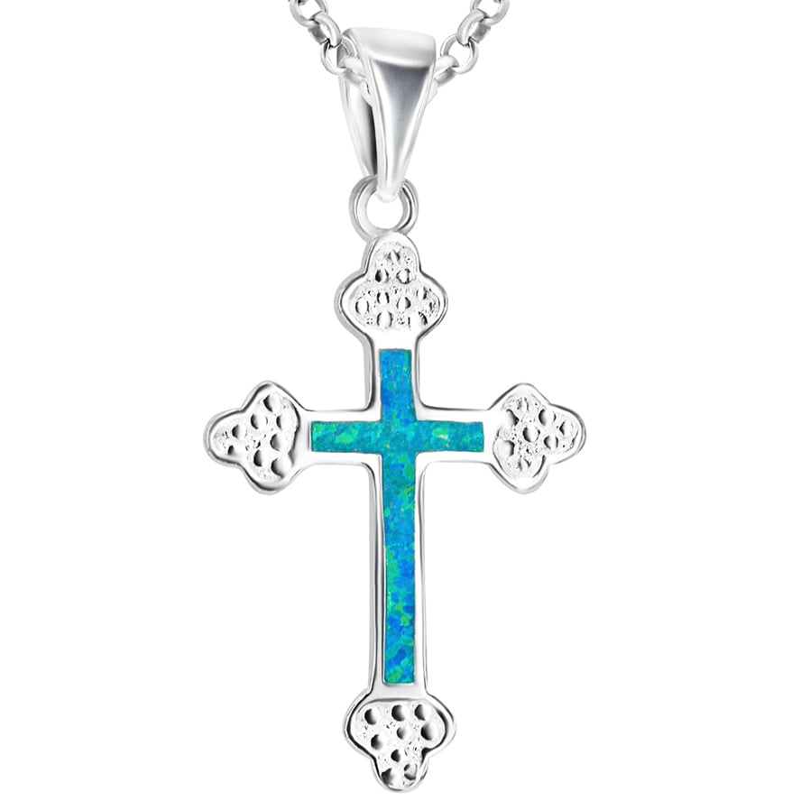 Orthodox Cross Sterling Silver Pendant with Opal – Jerusalem