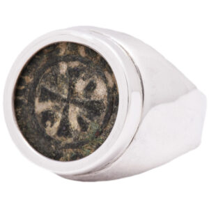 Ancient Bronze Crusader Coin from 11th Century set in Silver Ring - side view