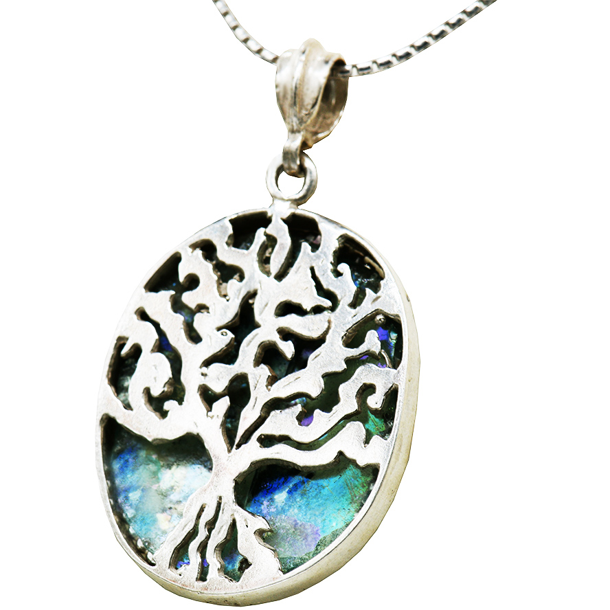 Roman Glass ‘Tree of Life’ Sterling Silver Oval Pendant – Made in Israel