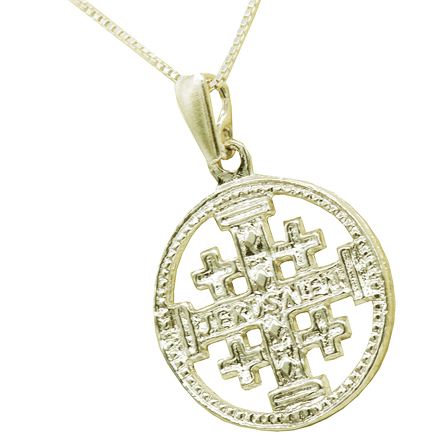 Jerusalem Cross’ in a Circular Sterling Silver Pendant – Made in Jerusalem
