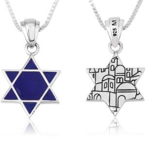 Blue Enamel Star of David with Jerusalem Silhouette Sterling Silver Pendant