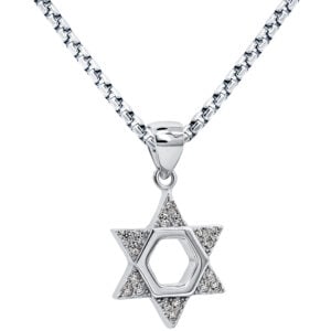 'Star of David' Sterling Silver Necklace Embedded with Clear Zirconia (with chain)