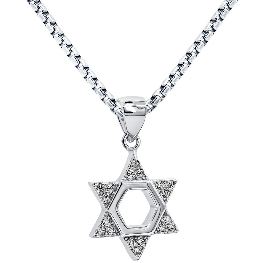 ‘Star of David’ Sterling Silver Necklace Embedded with Clear Zirconia (with chain)