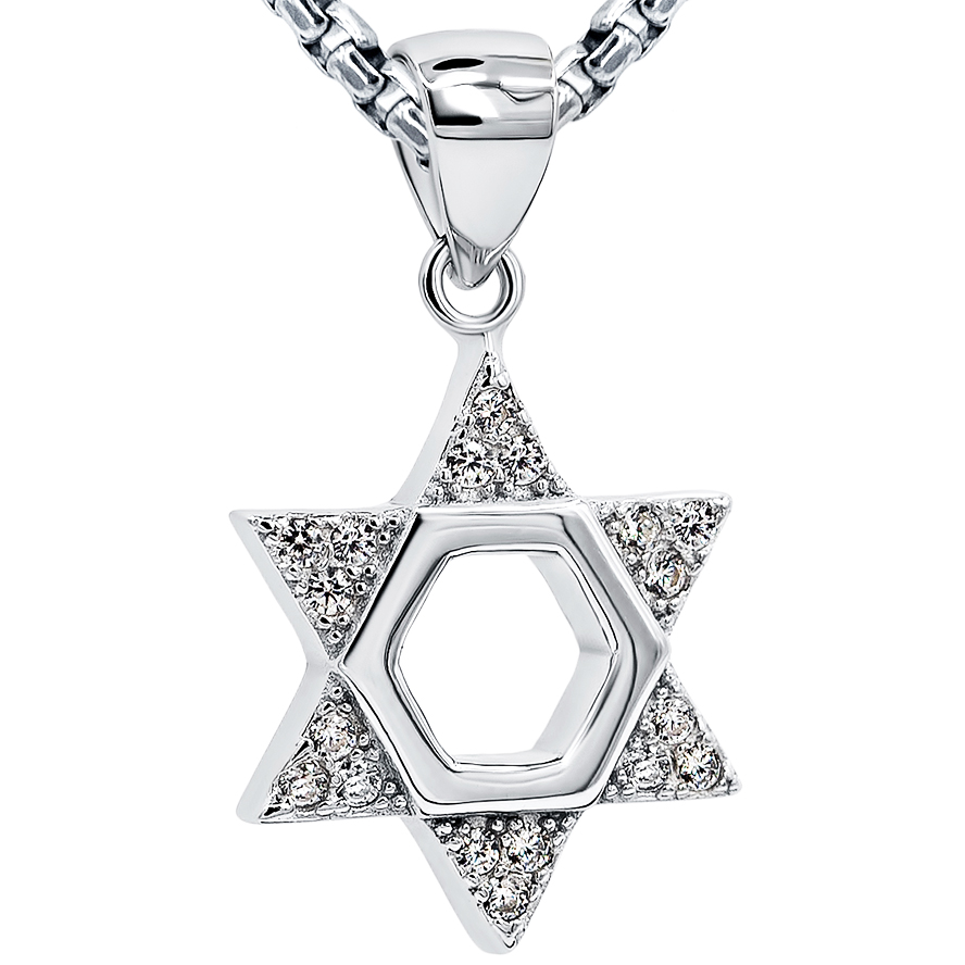 'Star of David' Sterling Silver Necklace Embedded with Clear Zirconia