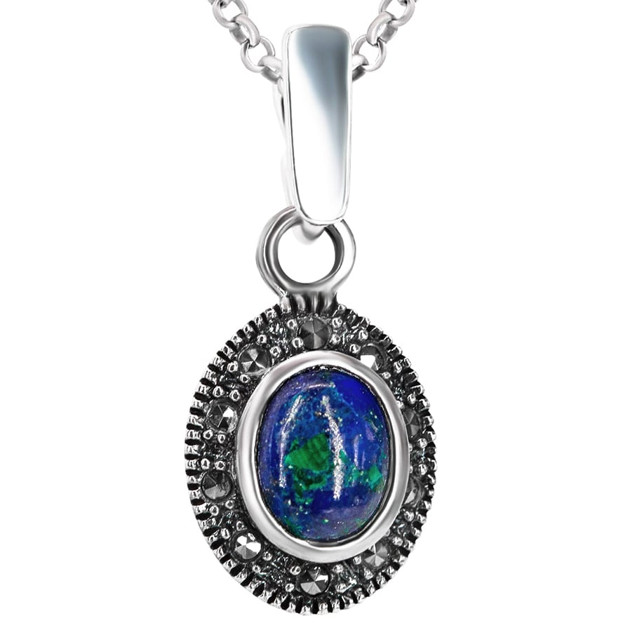 Solomon Stone Oval Necklace with Marcasite in Sterling Silver