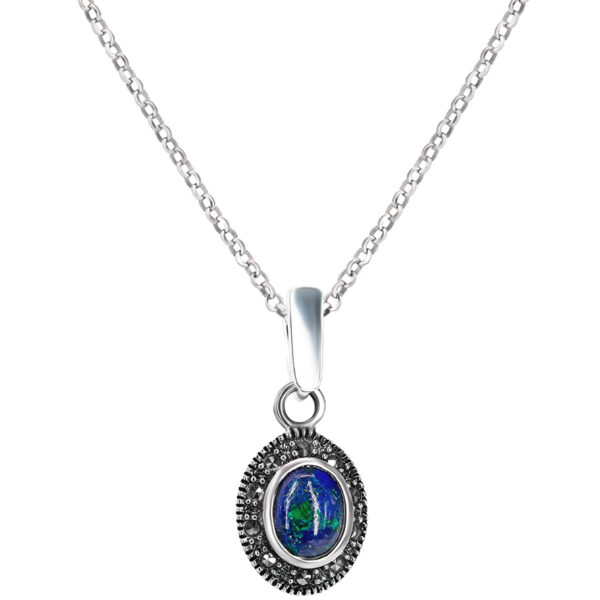 Solomon Stone Oval Necklace with Marcasite in Sterling Silver (with chain)