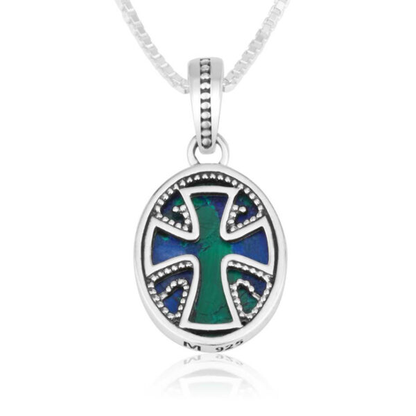Sterling Silver Cross Oval Necklace with Solomon Stone
