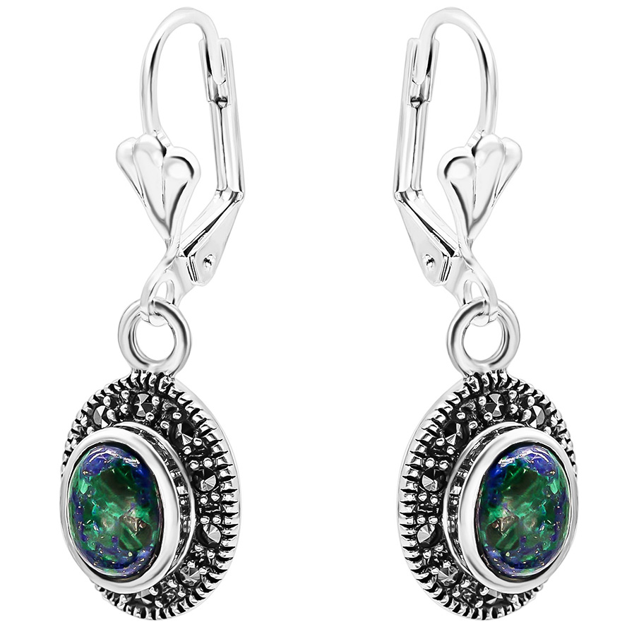Solomon Stone Oval Earrings with Marcasite in Sterling Silver