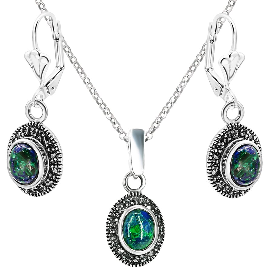Solomon Stone Oval Jewelry Set with Marcasite in Sterling Silver