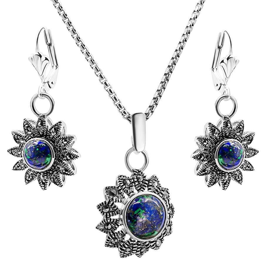 Solomon Stone 'Star of Bethlehem' Marcasite Jewelry Set in 925 Silver