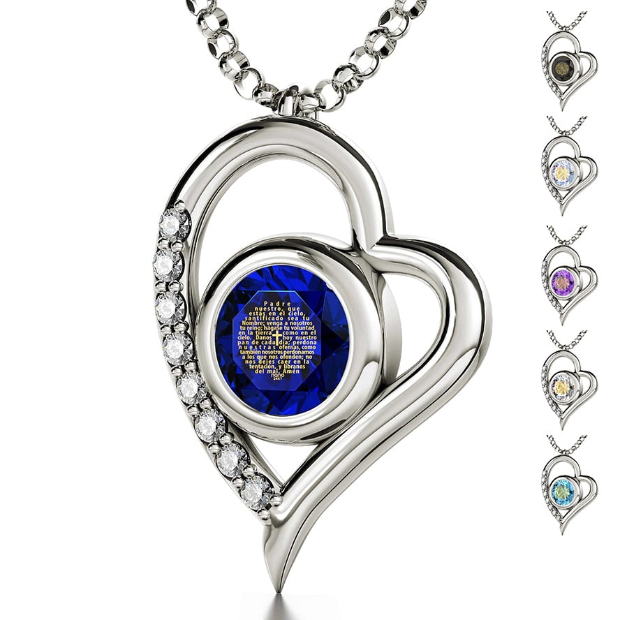 "The Lord's Prayer" in Spanish with 24k on Zircon - 925 Silver Heart Necklace