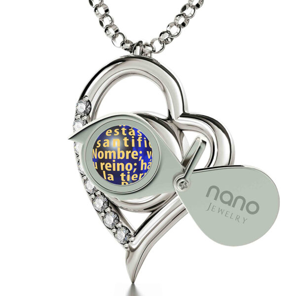 "The Lord's Prayer" in Spanish with 24k on Zircon - 925 Silver Heart Necklace (with magnifying glass)